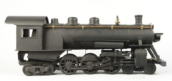 Pressed Steel Buddy L Outdoor Railway Set.: American. Combination of contemporary and older restored pieces. No. 3017 caboose and cattle car are repainted. One pipe car is newer and second pipe car and one dredge car are restored. Missing broke
