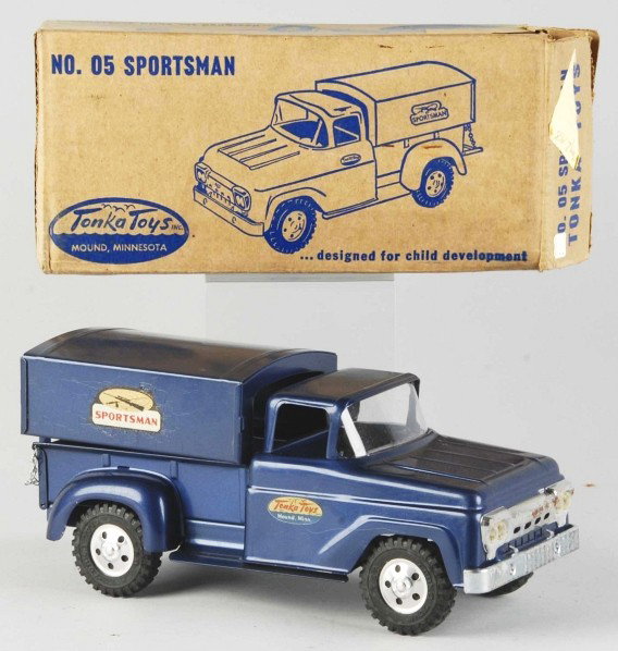 Pressed Steel Tonka Sportsman Truck Toy.: Moderate oxidation and rust to front grille and some crazing to cap. Comes with a 1958 Tonka booklet. Includes original box marked "No. 5 Sportsman" and "1958" with $3.98 price sticker. Size: 12 - 1/2