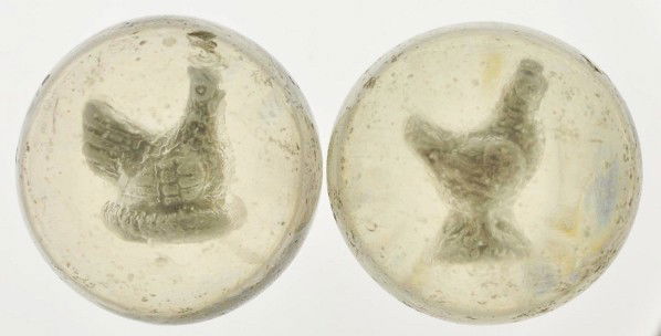 Lot of 2: Sulphide Marbles.: Includes hen on a nest and rooster. Both figures are well centered. Size: 1 - 5/8" & 1 - 11/16" Dia.