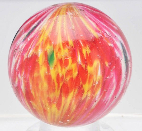 Large Onionskin with Mica Marble.: Four panel onionskin with mica. Two opposing panels of orange and yellow and two opposing panels of pink, white, and turquoise. Size: 1 - 15/16" Dia.