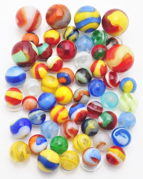 Lot of 50+ Akro Marbles.: This lot includes two and three color corkscrews, snakes, and one blue and yellow Popeye-style. Size: Range: 5/8" to 1" Dia.