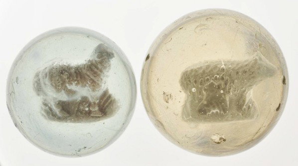 Lot of 3: Sulphide Marbles.: The largest marble is a well-centered bird wit one slight air bubble and the smallest is a lamb. Also includes one bear. Size: Range: 1 - 9/16" to 1 - 15/16" Dia.