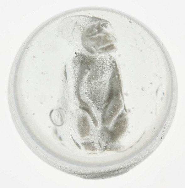Small Monkey Sulphide Marble.: Nice detailed figure is well-centered in marble. Great figure for a small sulphide marble. Pontil still showing. Size: 15/16" Dia.