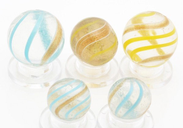 Lot of 5: Lutz Marbles.: This lot includes two yellow and three blue banded type-one Lutz marbles. The large yellow marble has been polished and the large blue marble has been spot polished. Size: Range: 9/16" to 3/4" Dia.