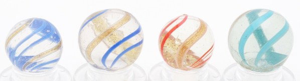 Lot of 4: Lutz Marbles.: Includes four type-one Lutz marbles which includes one orange, one baby blue, and two blue banded. Size: Range: 9/16" to 5/8" Dia.