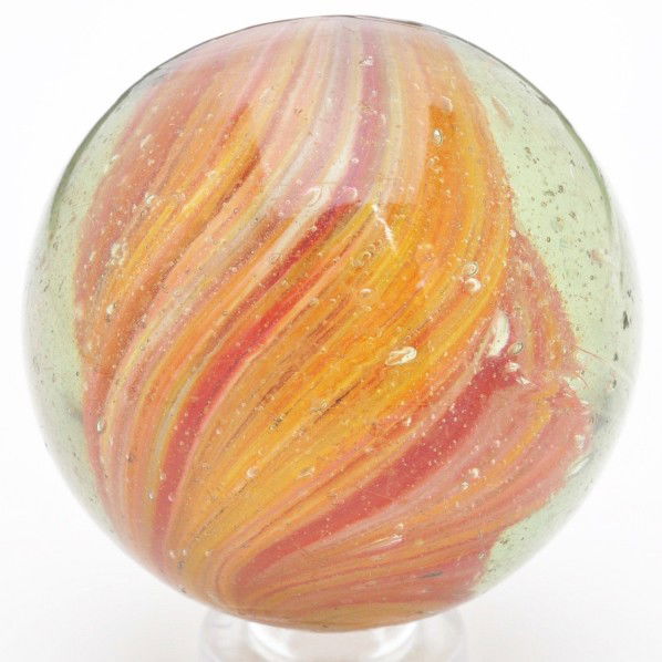 Large Lobed Onionskin Marble.: Orange, pink, and white onionskin with four shallow lobes and nice shrunken core. Shallow chips near bottom pontil but great look overall. Size: 1 - 5/8" Dia.
