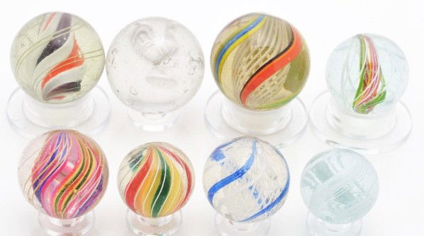 Lot of 8: Assorted Handmade Marbles.: Includes coreless swirls, one three-stage solid core, latticino swirls, divided core swirls, and one rooster sulphide.