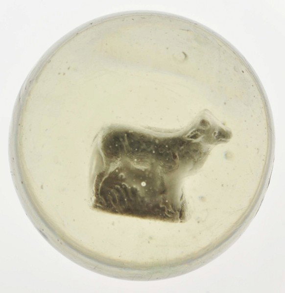 Large Cow Sulphide Marble.: Huge sulphide cow. Figure is centered with good detail. Some surface scratches and one small moon. Great condition for such a large marble. Size: 2 - 7/16" Dia.