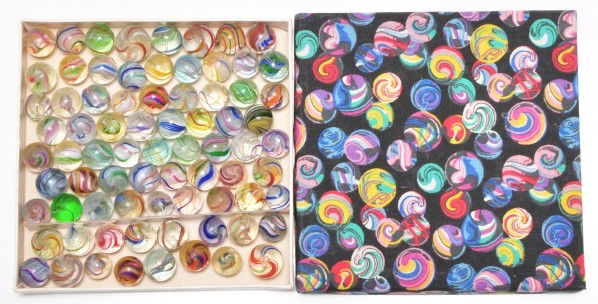 Box of 76 Assorted Swirl Marbles.: Nice group of swirl marbles includes latticinos, divided cores, ribbon cores, and solid core swirls all in various colors. Size: Range: 1/2" to 5/8" Dia.
