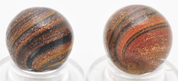 Lot of 2: Onionskin Lutz Marbles.: Both have some yellow, orange, and black and are loaded with Lutz. CORRECTION - Should both be 17/32” NOT 17/34”.