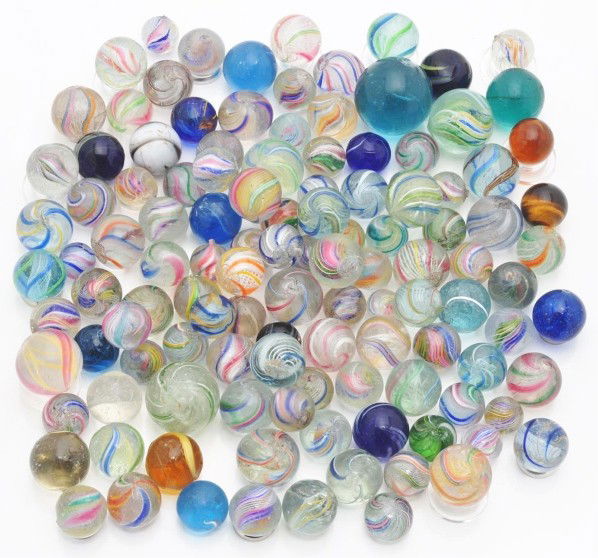 Lot of 120: Handmade Marbles.: Lot includes latticinos, coreless colored glass, divided cores, solid core swirls, and one tiger eye. Size: Range: 7/16" to 1" Dia.