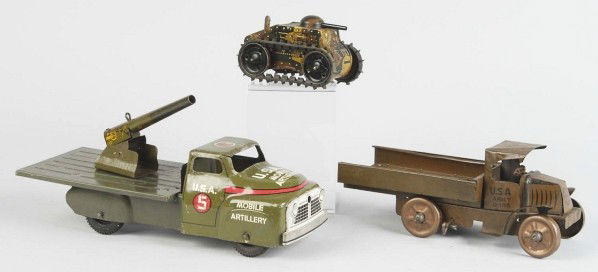 Lot of 3: Tin & Pressed Steel Marx Military Toys.: American. Includes tin wind-up Army truck, tin tank, and pressed steel mobile artillery truck with rear mounted gun. Some denting, scratching, and wear. Size: Largest: 13" L.