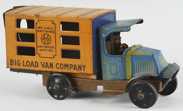Tin Litho Marx Big Load Van Company Wind-Up Toy.: American. Working. Original driver, front bumper, and back doors. Some bending, scratching, and wear. Size: 13 - 1/4" L.