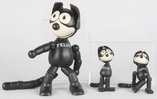 Lot of 3: Schoenhut Felix Figures.: Includes one larger size and two smaller versions. Figures need to be re-strung but all are original. Size: Largest: 8" T.