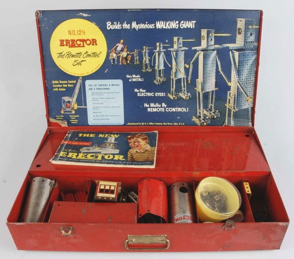 A.C. Gilbert #12 - 1/2 Remote Control Erector Set: Marked "Copyright 1948 A.C. Gilbert Co.". Includes pressed steel case with nice paper label inside of lid showing remote control robot that can be built with this kit. Set is accompanied by a book and