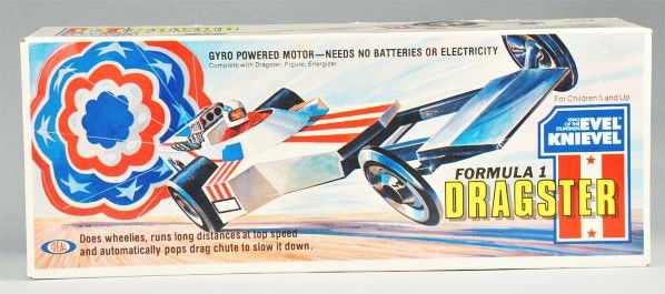 Ideal Evel Knievel Dragster Toy.: Sealed in original box marked "1975". Unused condition. Old store stock. Size: Box: 7 - 1/2" x 19 - 1/2" x 5 - 1/2".