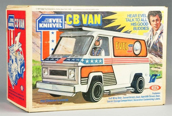 Ideal Evel Knievel CB Van Battery-Op Toy.: Sealed in original box marked "1977". Box has some overall wear. Unused condition. Old store stock. Size: Box: 14 - 1/4" x 7 - 1/2" x 9 - 3/4".