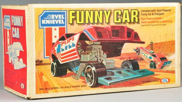 Ideal Evel Knievel Funny Car Toy.: Sealed in original box marked "1976". Box has some fading. Unused condition. Old store stock. Size: Box: 15 - 3/4" x 7 - 1/2" x 8".