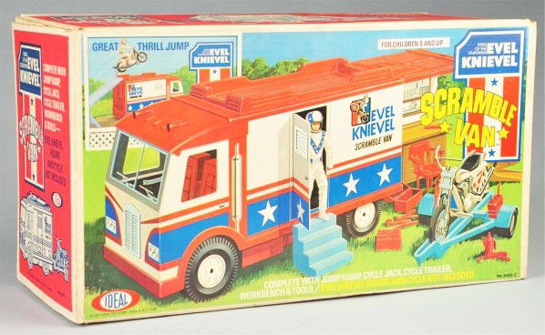 Ideal Evel Knievel Scramble Van Set.: Sealed in original box marked "1973 Ideal Toy Company". Unused condition. Old store stock. Size: Box: 9 - 1/2" x 17 - 1/4" x 7".