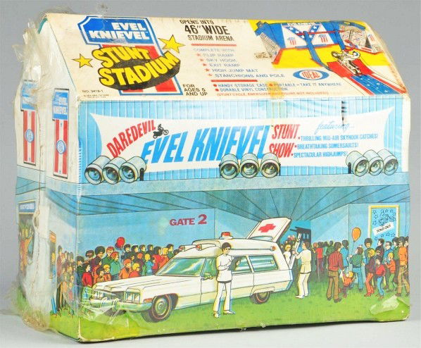 Ideal Evel Knievel Stunt Stadium Action Set.: Sealed in original box marked "1974 Ideal Toy Company" with some tearing to plastic. Unused condition. Old store stock. Size: Box: 12 - 1/2" x 14" x 8".