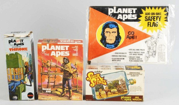 Lot of 4: Vintage Planet of the Apes Items.: Includes bike safety flag, General Aldo model kit, Mego throne, and Jail Wagon scene in a bottle. All in original boxes or packages with some wear. Size: Largest: 9 - 1/2" x 13"