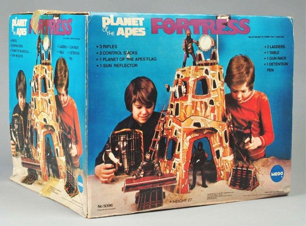 Vintage Mego Planet of the Apes Fortress Playset.: American. Unused and sealed in original box marked "1967 Apjac Productions 20th Century Fox Film Corporation". Box has some creasing and areas that are pushed-in. Old store stock. Size: Box: 12 - 1/4"
