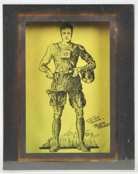 Extremely Rare Buck Rogers Fan Picture.: 1929. Copyright John Dille. Artist is Jack Calkins. Newspaper premium. Marked "With my very best regards, Buck Rogers". This could possibly be the very first Buck Rogers premium. Size: Framed: 10 - 1/