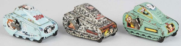 Lot of 3: Tin Linemar Character Wind-Up Tank Toys: Japanese. Working. Includes Jetson's, Flintstone's, and Casper. Bottom of Casper tank is marked "Harvey Comics" and the other two are marked "Hanna-Barbera". Some oxidation, scratching, and litho loss