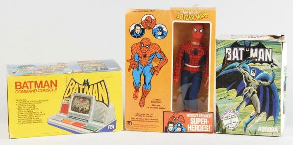 Lot of 3: Batman & Spiderman Toy Items.: Circa 1970s. Includes Aurora Batman model kit, Mego Batman Command Console, and Mego poseable Spiderman action figure. All in original boxes with some tearing and creasing. Size: Largest Box: 14" T.