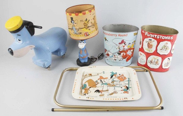 Lot of 5: Hanna-Barbera Character Items.: Includes one Quick Draw McGraw lamp with original shade (some paper loss and tearing), one large plastic Huckleberry Hound riding toy, one tin Flintstones trash can, one tin trash can with several Han