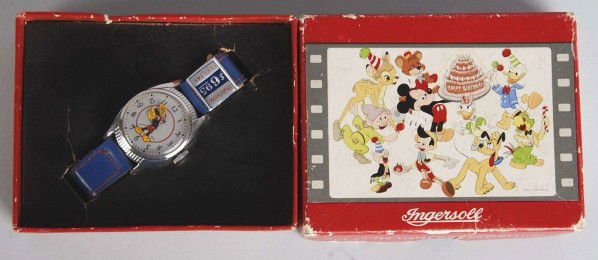 Ingersoll Walt Disney Mickey Mouse Wristwatch.: From the Birthday Series. Original price tag on band. Includes original box and box insert. Box has some tearing and creasing. Size: Box: 3 - 1/2" x 4 - 1/2".