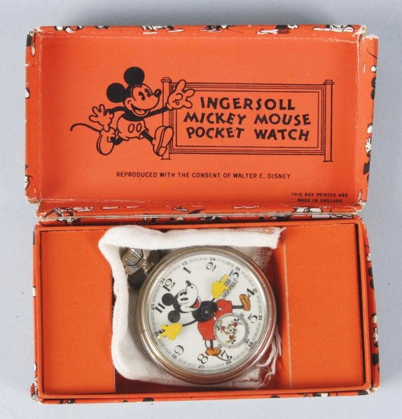 Ingersoll Walt Disney Mickey Mouse Pocket Watch.: Scarce watch made for the English market. Working. Three running Mickey's at bottom. Case is not embossed. Includes original box marked "Made with the consent of Walt E. Disney". Box was printed and m