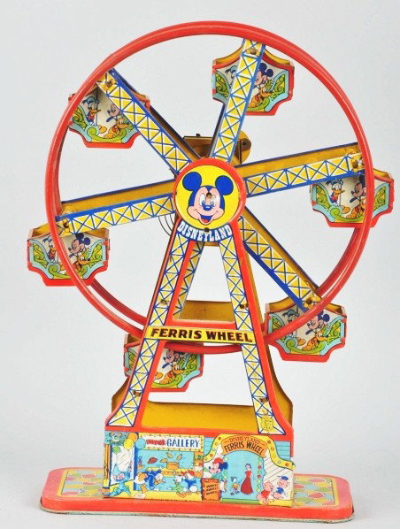Tin Chein Disneyland Ferris Wheel Wind-Up Toy.: American. Working. Nice color depictions of Disney characters around base and on six tin litho carts that move around ferris wheel when toy is in operation. Missing washer (that holds ferris wheel in)