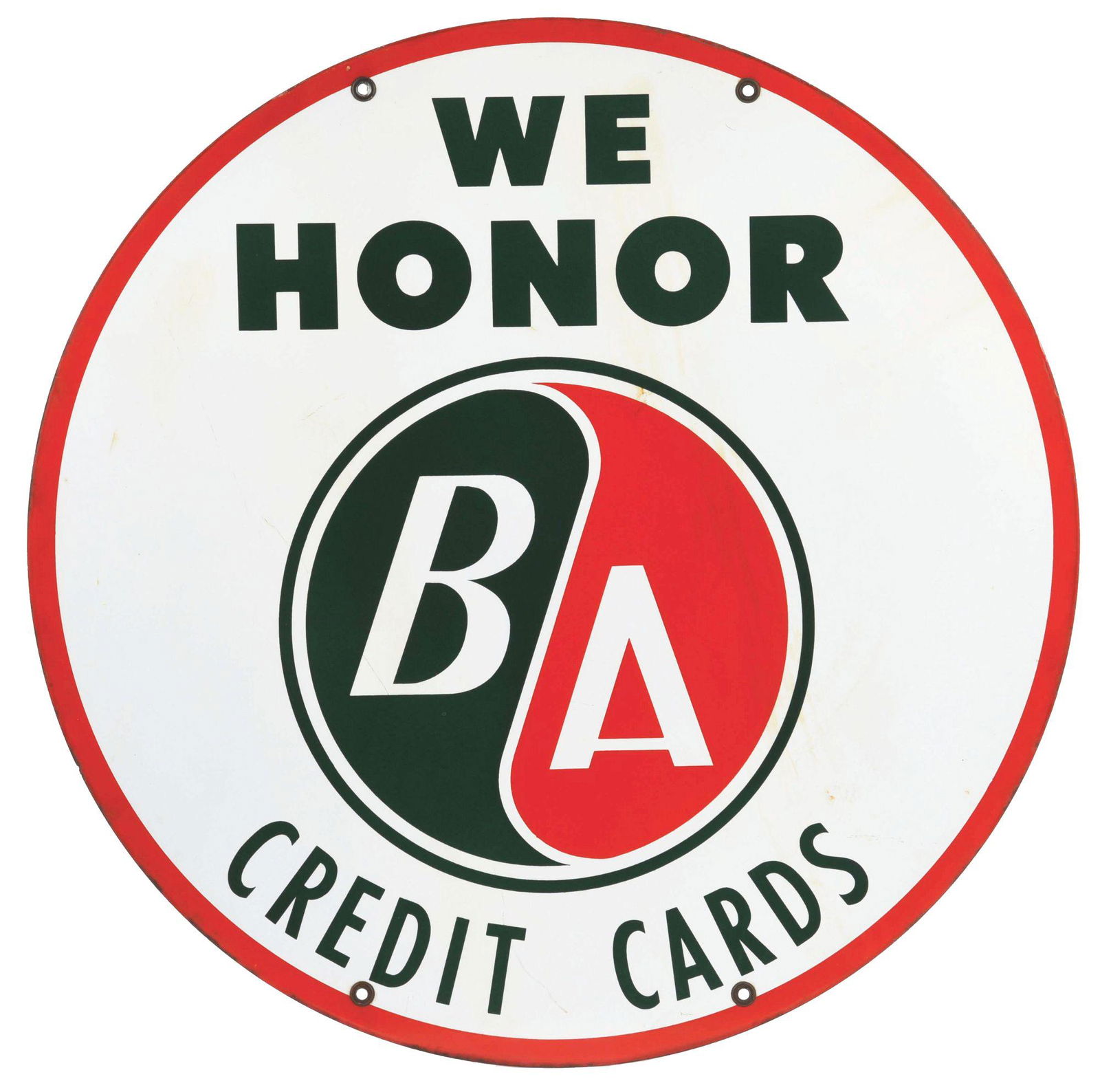 WE HONOR BRITISH AMERICAN CREDIT CARDS PORCELAIN SERVICE STATION SIGN. (1 of 2)