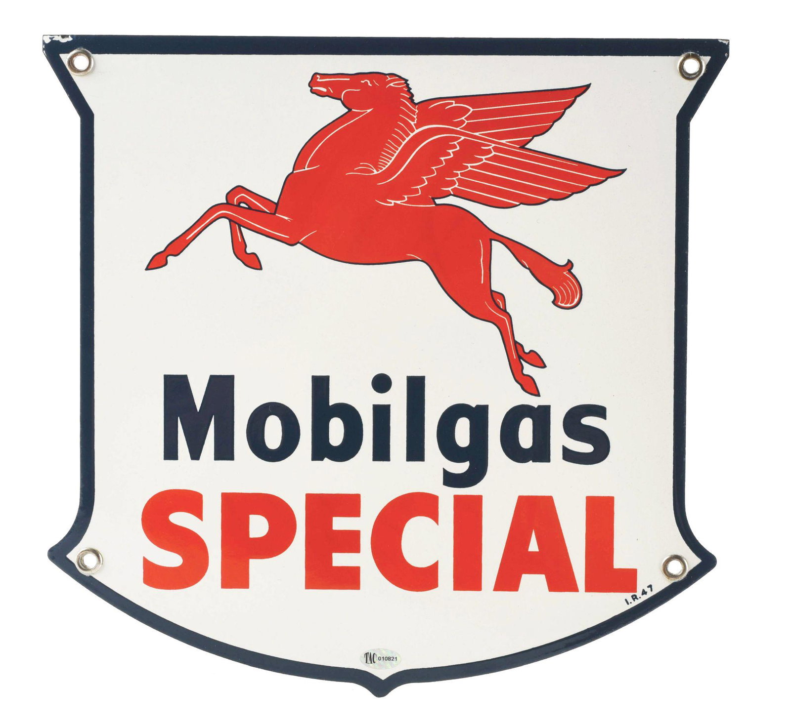MOBILGAS SPECIAL PORCELAIN PUMP PLATE SIGN W/ PEGASUS GRAPHIC.: SSP. Sign is Maker Marked Ingram Richardson & Dated 1947. An outstanding example of this iconic piece of Porcelain Signage from Mobil showing a large and bright Pegasus graphic as well as iconic shiel