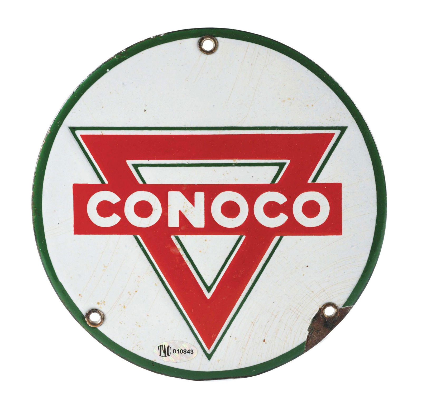 UNUSUAL CONOCO GASOLINE & MOTOR OILS PORCELAIN SIGN W/ TRIANGLE GRAPHIC. (1 of 2)