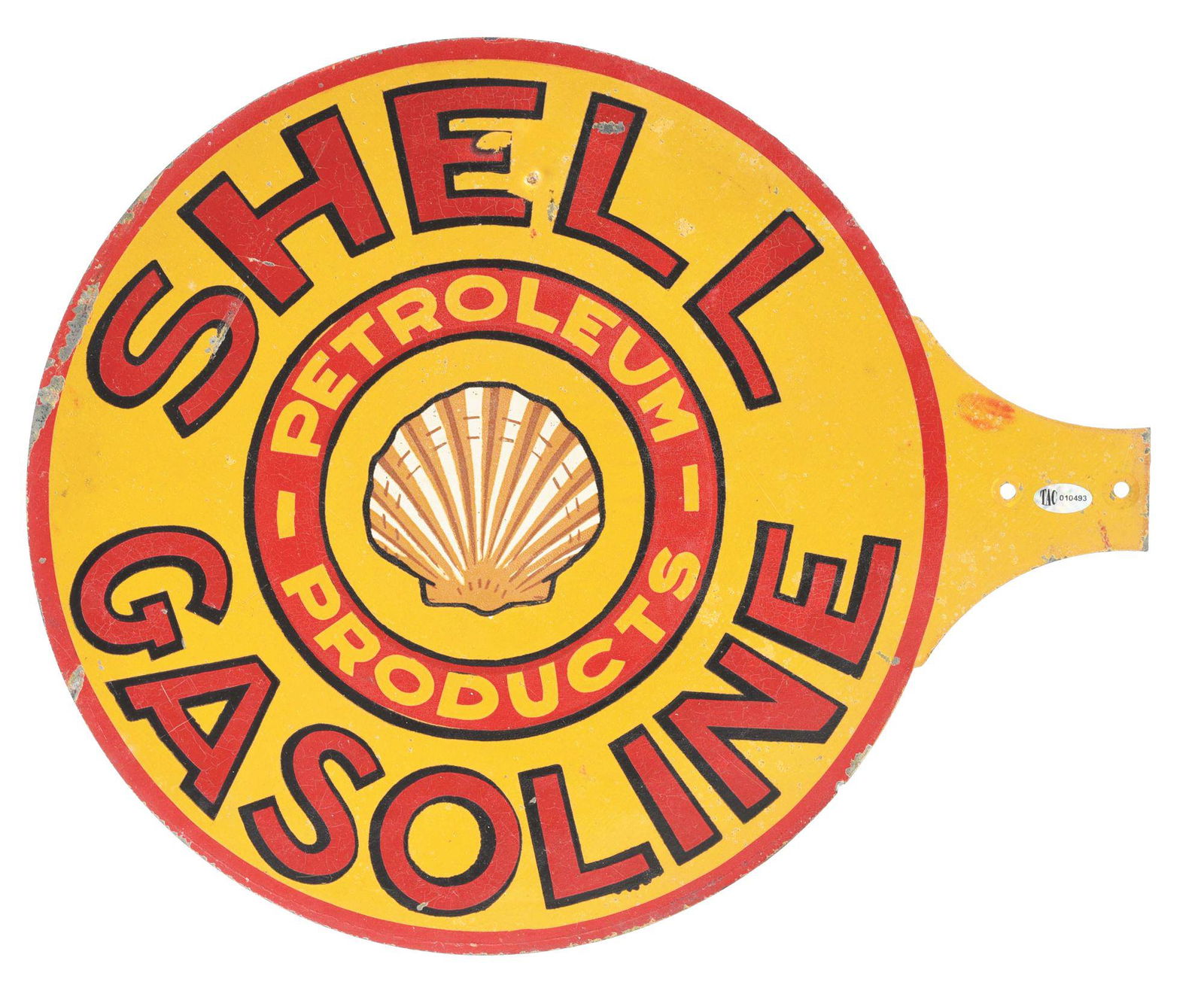 RARE & EARLY SHELL GASOLINE PAINTED TIN VISIBLE PUMP PADDLE SIGN W