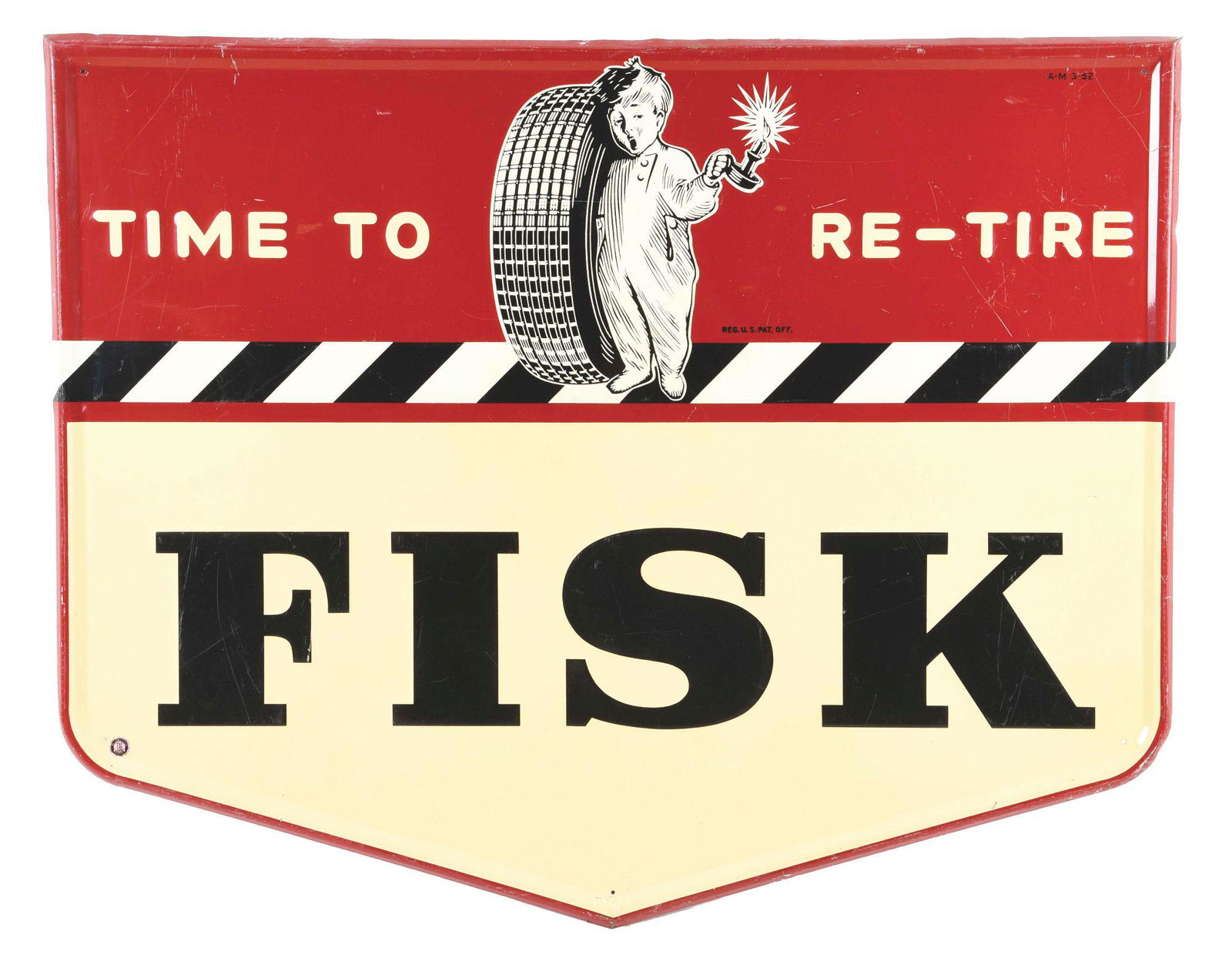 FISK TIRES "TIME TO RE-TIRE" EMBOSSED TIN SERVICE STATION SIGN.: SST. Sign is Maker Marked A.M. & Dated 1952. A very nice example of this iconic Embossed Tin Service Station Sign from Fisk Tires showing large Fisk lettering as well as excellent condition "Boy In Th
