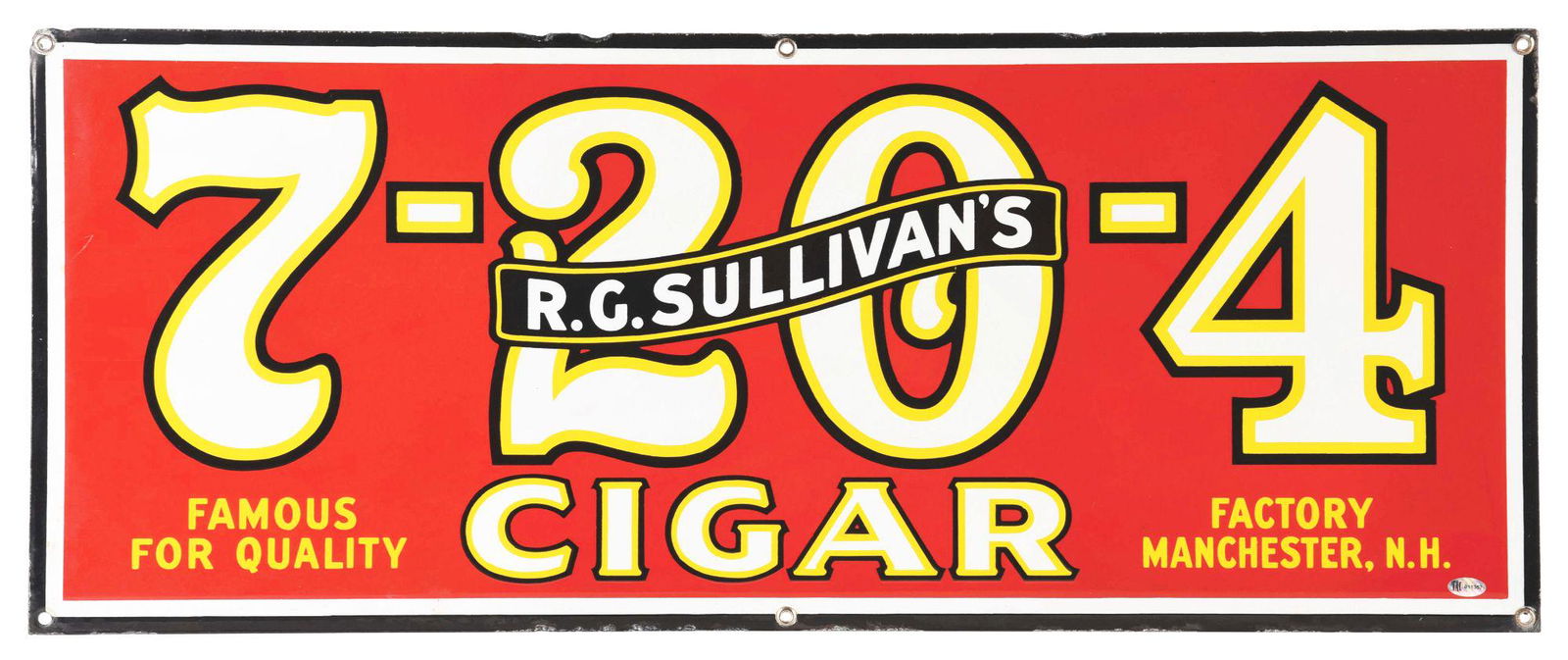 R.G. SULLIVAN'S 7-20-4 CIGAR PORCELAIN SIGN. (1 of 2)