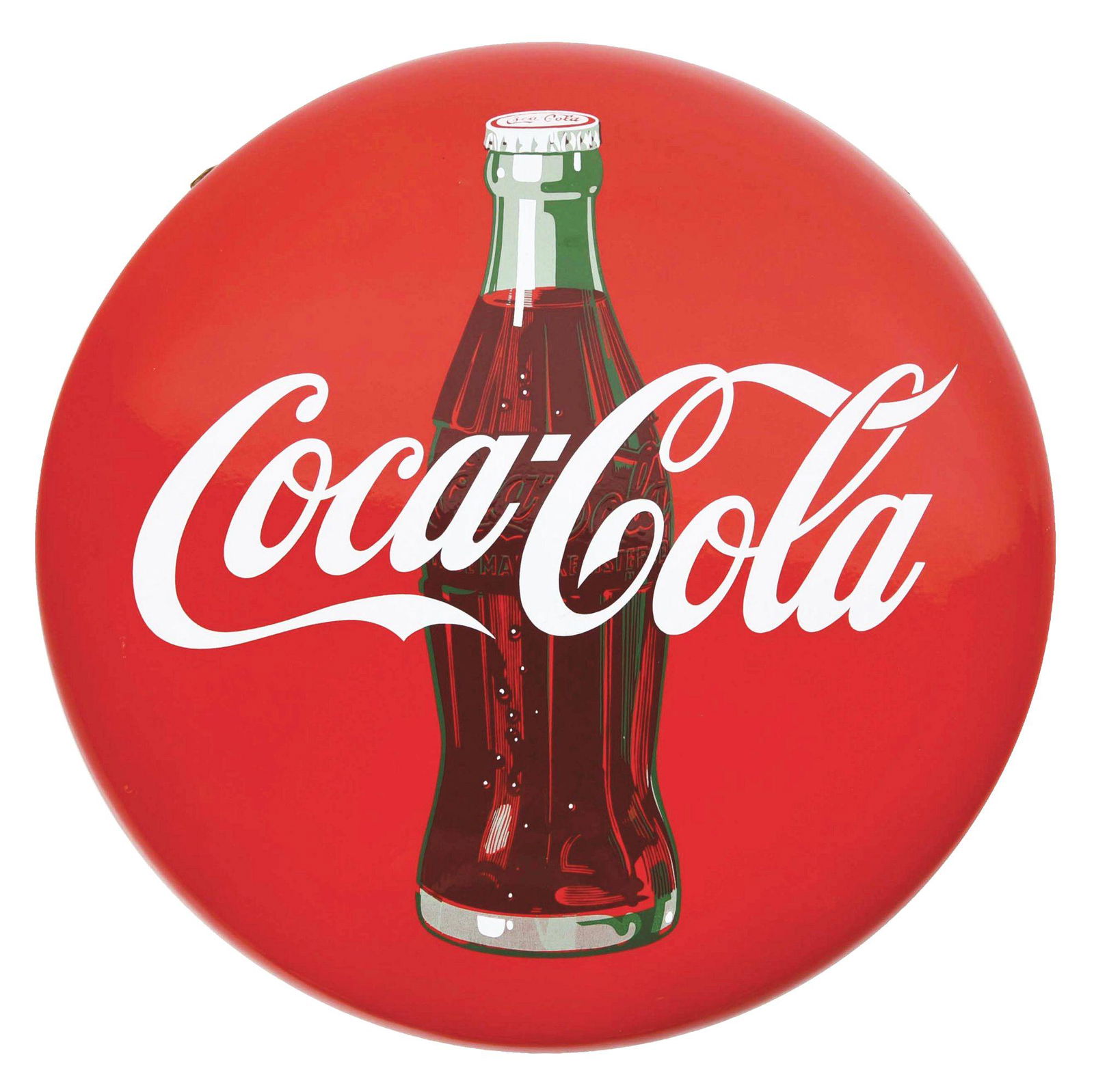 COCA COLA PORCELAIN BUTTON SIGN W/ BOTTLE GRAPHIC. (1 of 2)