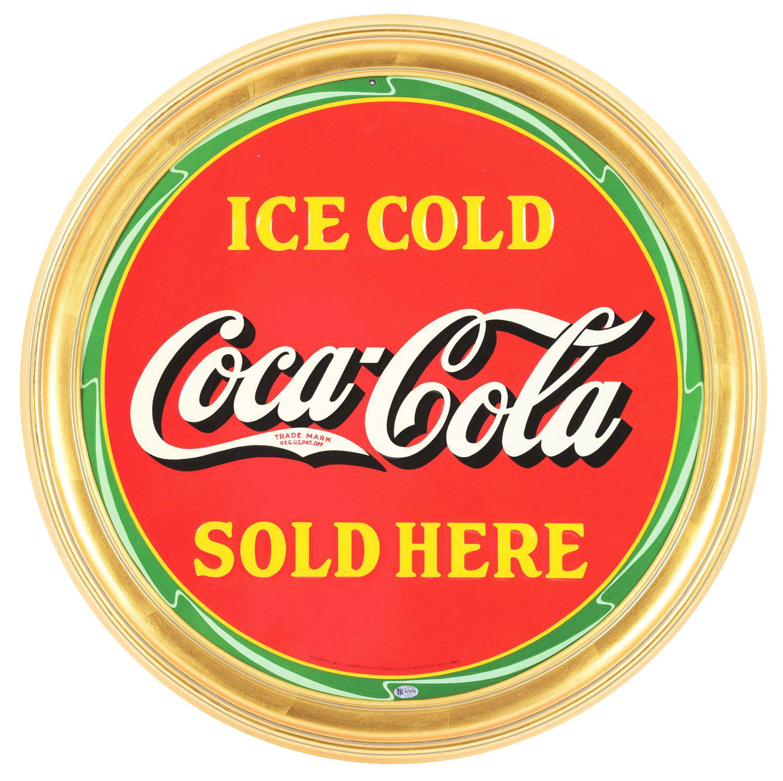 RARE ICE COLD COCA COLA SOLD HERE EMBOSSED TIN FRAME W/ ORNATE WOODEN FRAME. (1 of 3)