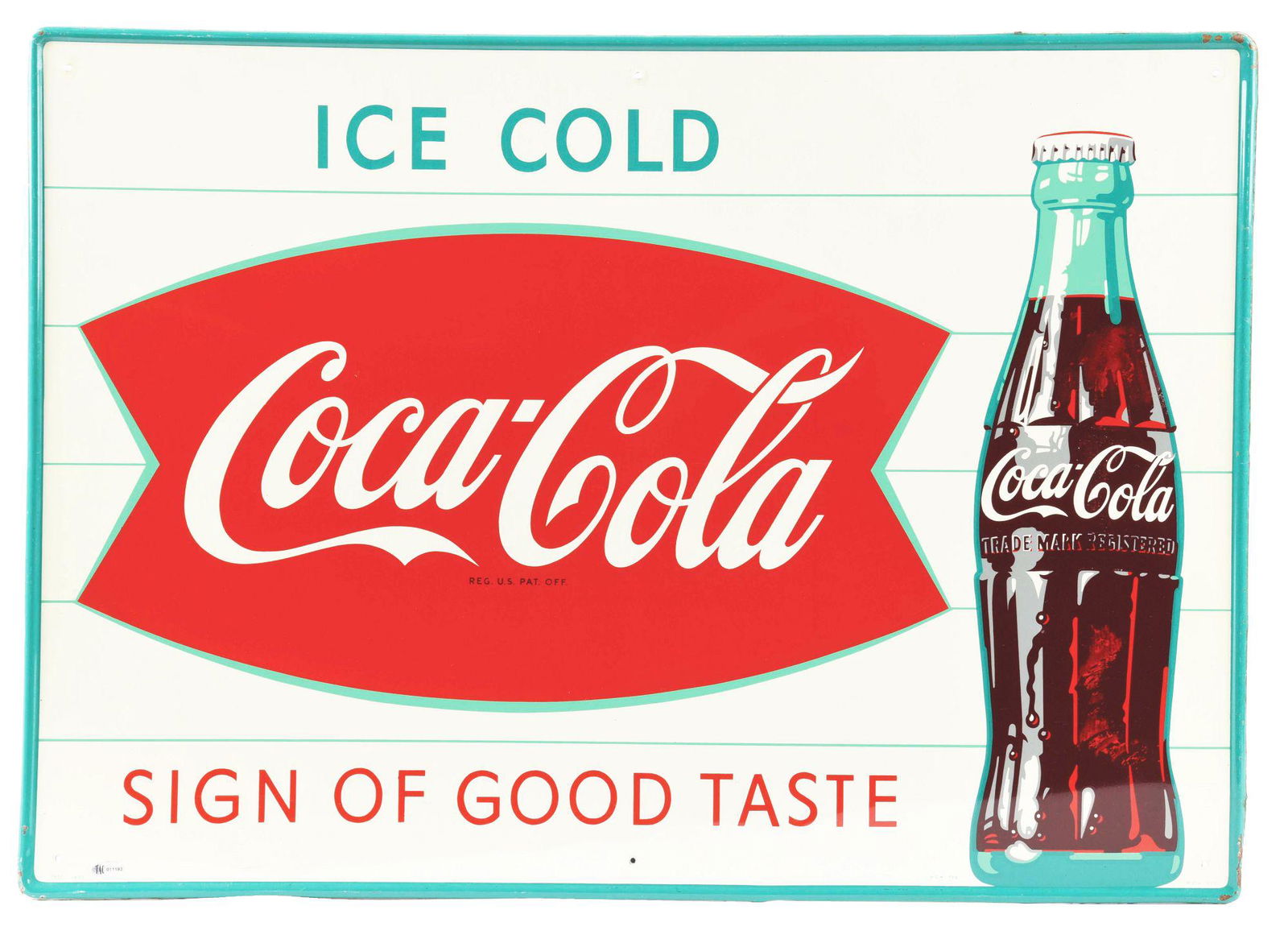 ICE COLD COCA COLA "THE SIGN OF GOOD TASTE" TIN SIGN W/ FISHTAIL & BOTTLE GRAPHIC. (1 of 4)