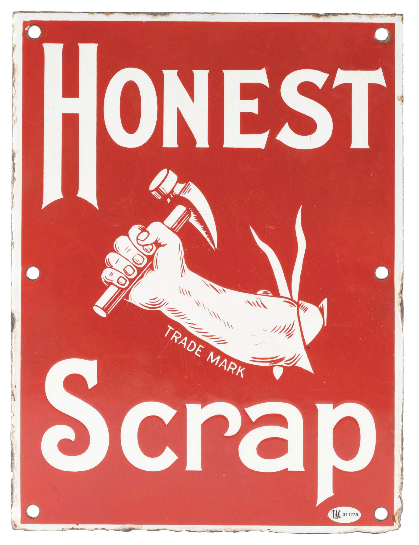 HONEST SCRAP TOBACCO PORCELAIN SIGN W/ ARM & HAMMER GRAPHIC. (1 of 2)