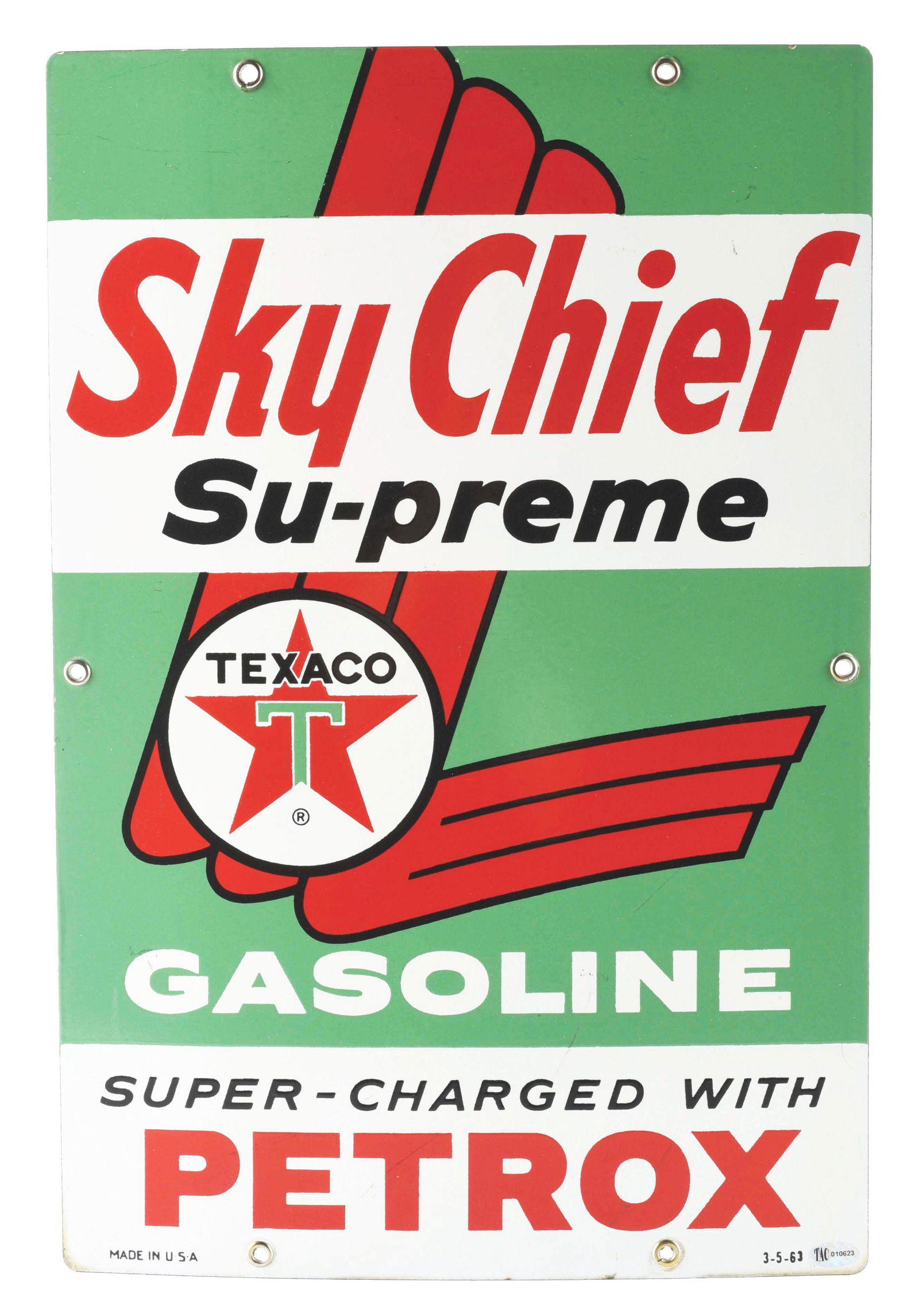 TEXACO SKY CHIEF SUPREME GASOLINE W/ PETROX PORCELAIN PUMP PLATE SIGN. (1 of 2)