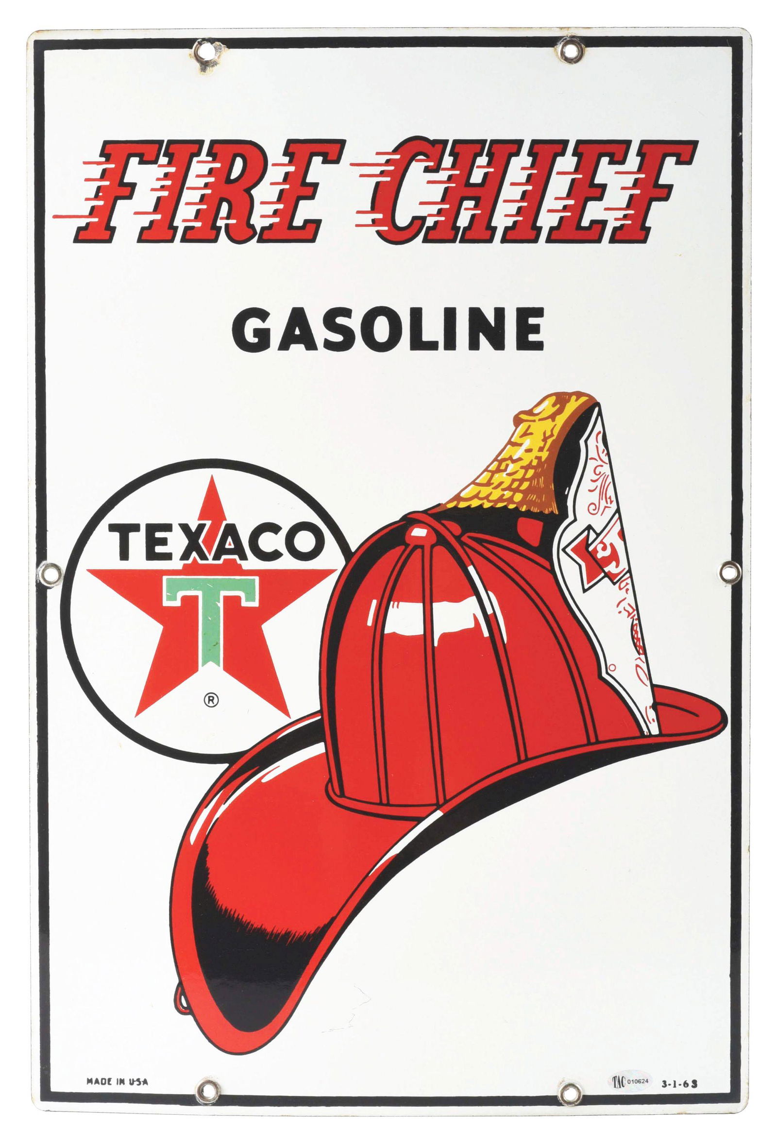 TEXACO FIRE CHIEF GASOLINE PORCELAIN PUMP PLATE SIGN W/ FIRE HELMET GRAPHIC.: SSP. Sign is Dated 1963. An excellent example of this iconic Porcelain Pump Plate from Texaco Fire Chief Gasoline showing Texaco Star & Fire Helmet graphics. CONDITION: Sign shows outstanding color &