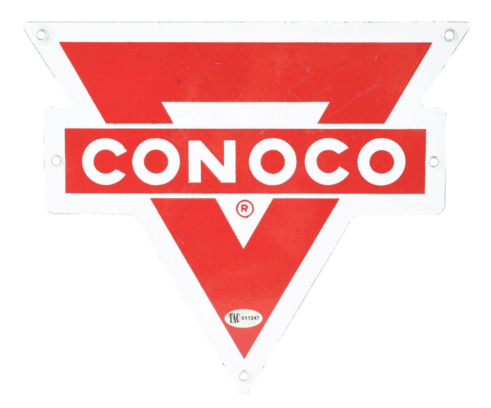 CONOCO GASOLINE PORCELAIN TRIANGLE PUMP PLATE SIGN. (1 of 2)