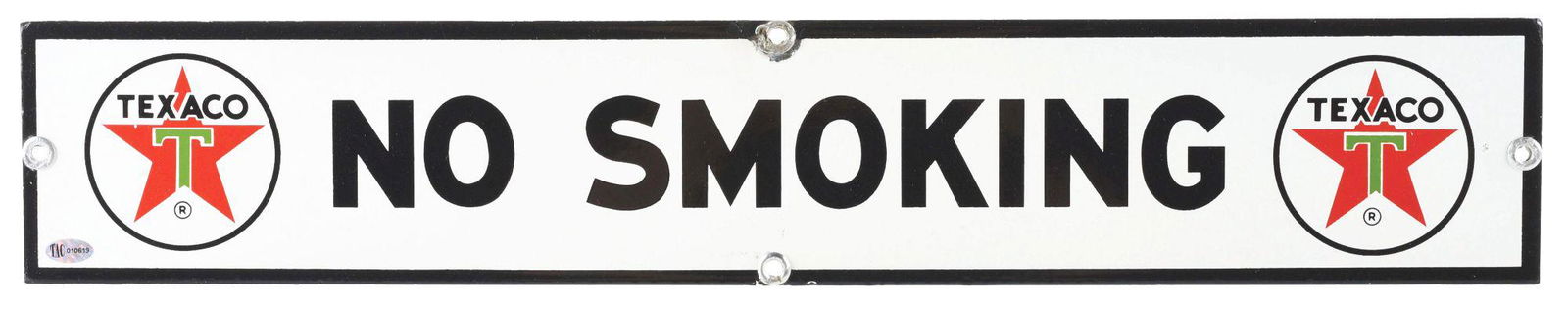 TEXACO SERVICE STATION NO SMOKING "WHITE T" PORCELAIN SIGN W/ STAR GRAPHICS. (1 of 2)