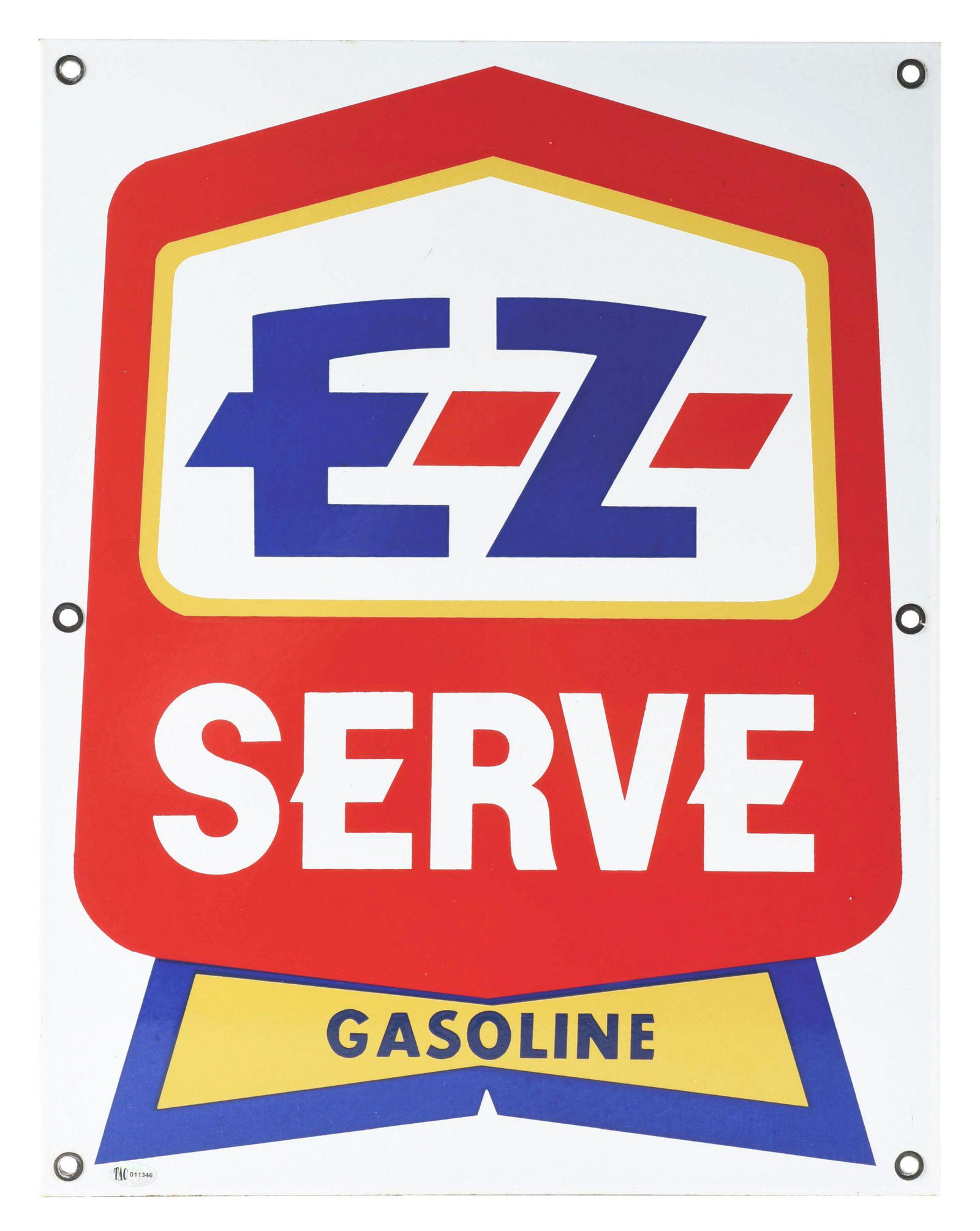 E-Z SERVE GASOLINE PORCELAIN PUMP PLATE SIGN W/ RIBBON GRAPHIC.: SSP. An incredible New Old Stock example of this Circa 1950's Porcelain Pump Plate from E-Z Serve Gasoline showing a large Ribbon graphic. CONDITION: Sign is in overall outstanding condition showing n