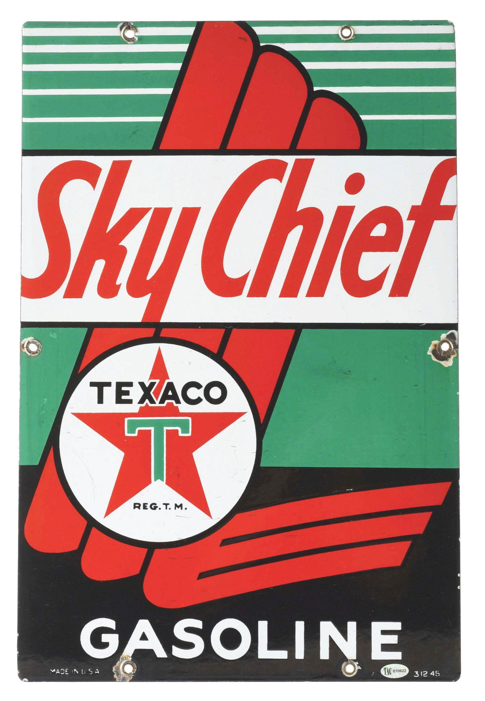 TEXACO SKY CHIEF GASOLINE PORCELAIN PUMP PLATE SIGN. (1 of 2)