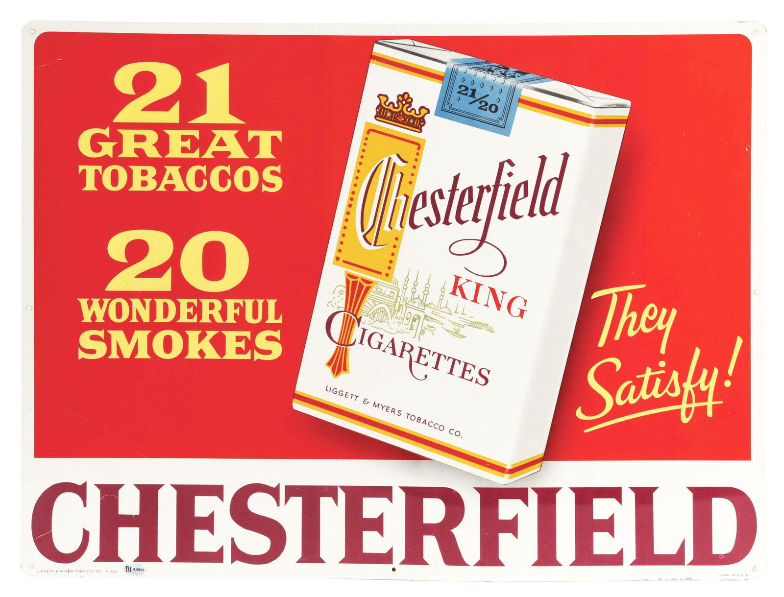 CHESTERFIELD CIGARETTES EMBOSSED TIN SIGN W/ PACK GRAPHIC. (1 of 4)